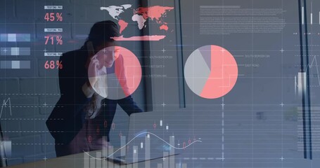 Animation of statistics and data processing over man using computer - Powered by Adobe