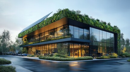 Obraz premium Modern warehouse with green rooftop, solar panels, and eco-friendly design