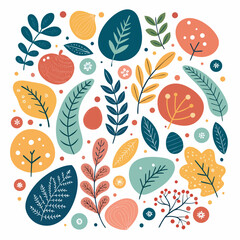 Vibrant illustration of assorted leaves and flowers arranged in a circular pattern, viewed from directly above in a graphic design concept