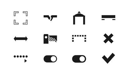 Set of icons representing various digital controls and actions including zoom, sliders, toggles, and confirmation symbols