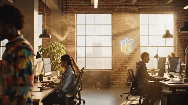 Diverse team working in modern, sunlit office with unique neon logo
