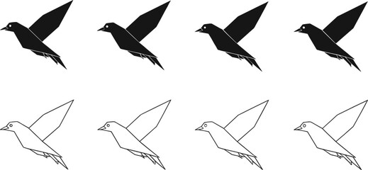 Obraz premium Flying bird silhouettes and outline icons, minimalist avian clipart set for nature designs, wildlife logos, and tattoo graphics