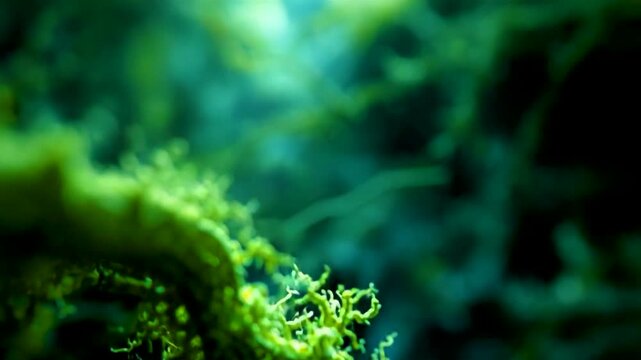 Lush green moss covered branch glowing emerald forest foliage macro nature texture vibrant rainforest detail