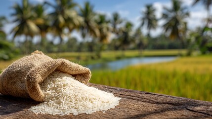 Sacked Rice Spilling onto Wooden Table with Tropical Landscape Background