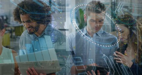 Animation of data processing on digital screen over diverse female and male coworkers - Powered by Adobe