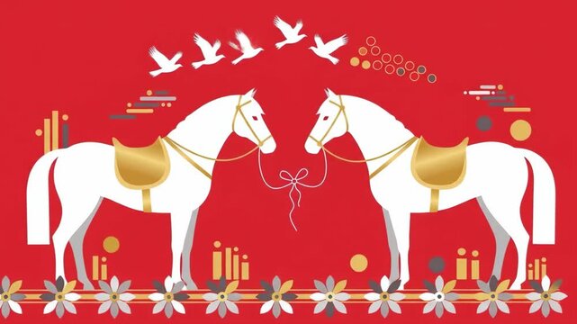 Two majestic white horses facing each other on a vibrant red background, adorned with golden saddles and intricate patterns, symbolizing prosperity and good fortune in a festive setting.