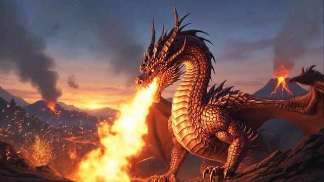 Epic Dragon Breathing Fire Over Lava River Fantasy Scene