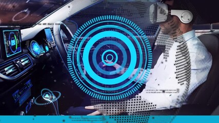 Animation of data processing and globe over caucasian man in vr headset and futuristic car - Powered by Adobe