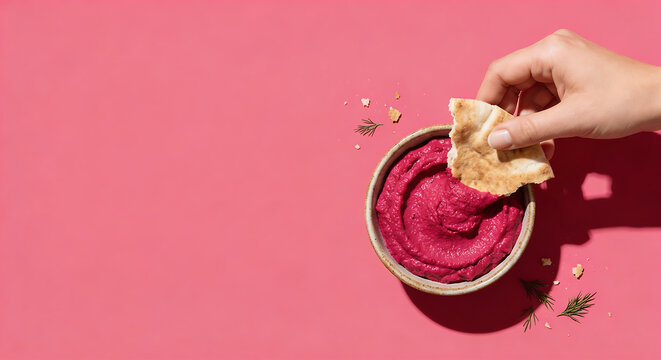 Creamy beetroot hummus dip with pita bread ,top view with large copy space. Vegan healthy eating concept.