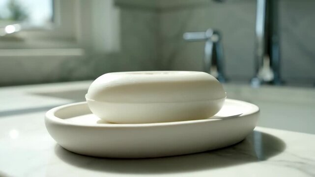 A beautiful still life of a pristine white soap bar and oval ceramic dish illuminated by soft natural light streaming into a bright minimalist bathroom minimalist, dish, domestic