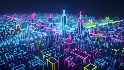 Abstract 3D cityscape with neon lights, showcasing futuristic urban development and advanced technology