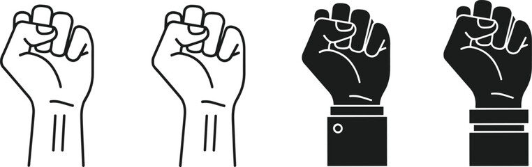 Raised fist icons, power hand symbols, protest gesture graphics, solidarity illustration set for activism, unity, and strength designs
