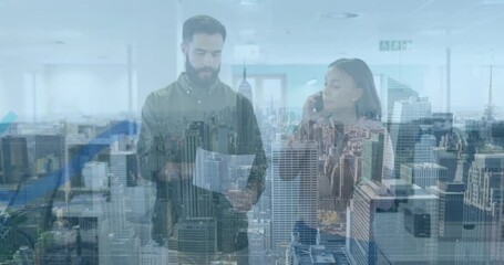 Animation of financial data processing and cityscape over diverse business people - Powered by Adobe