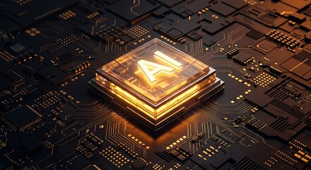 Glowing AI chip on a circuit board with golden light