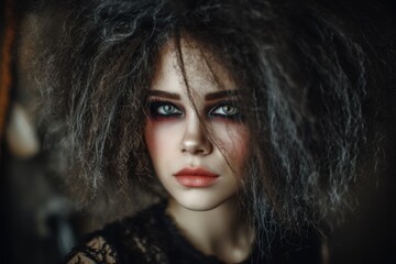 Stunning woman with bold fashion makeup showcasing a unique hairstyle at a beauty salon in the early evening light