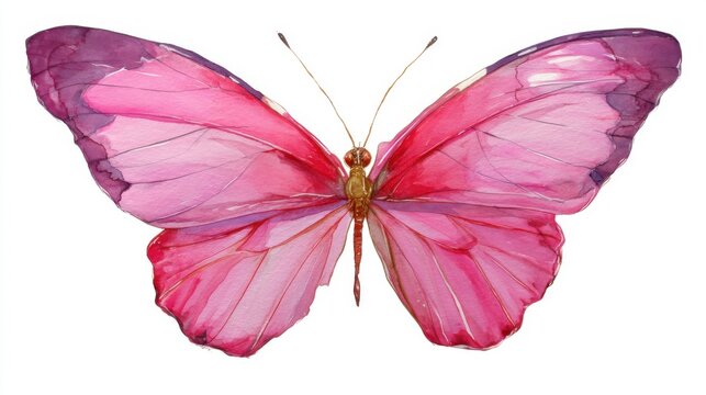 Vibrant pink butterfly with delicate wings on white background.