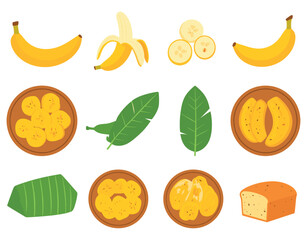 Banana and Plantain Food Set Including Fresh Fruit, Slices, Leaves, Chips, Desserts and Bread Illustration © ABDUL HAKIM