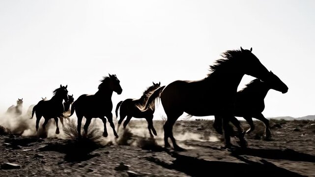 Horses running in nature on beach and desert silhouette vector illustration