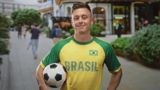 Man in brazil jersey smiling holds soccer ball under right arm on a pedestrian shopping street with blurred passersby; team pride celebration.