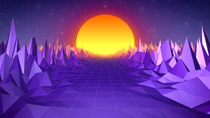 Fotobehang Violet Abstract retro landscape in old style of 80s, 90s with road rocks mountains and sun, abstract background  © Bolbik