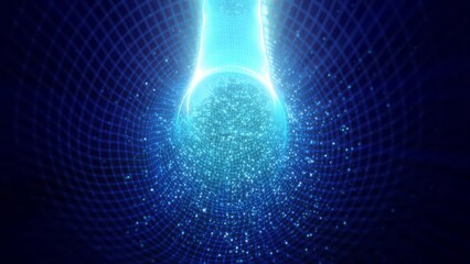 Abstract tunnel blue futuristic from a square grid of lines and dots of particles of shiny hi-tech effect of the glow of the sun's rays and blur background © Bolbik