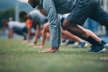 Soccer team stretches and prepares on field for match day training session in sunny weather