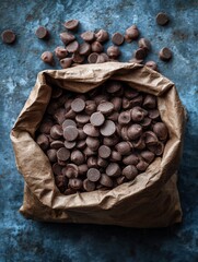 Rustic Bag of Chocolate Chips Overflowing with Sweetness