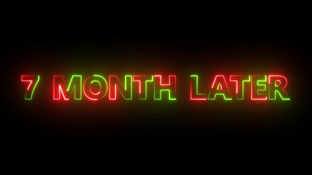 7 month later glowing neon text animation on dark background.Futuristic neon typography animation 7 month Later.