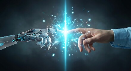 Human hand and robotic hand touching with bright blue spark