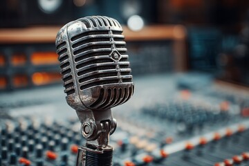 Vintage microphone on a sound mixing board retro studio