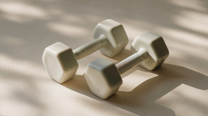 Two aesthetic white hexagonal dumbbells on a beige textured background with soft window shadows