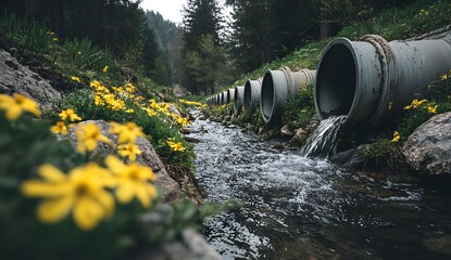 Water flowing from large pipes into a stream with yellow flowers