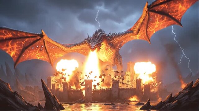 Epic Dragon Attack on Medieval Castle Under Stormy Sky