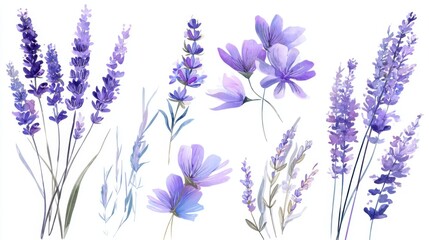 Obraz premium Lavender and purple wildflowers arrangement on white background.