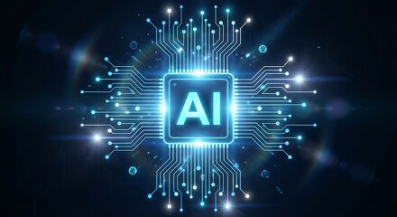 Glowing blue AI circuit board with futuristic neon lights and dark background