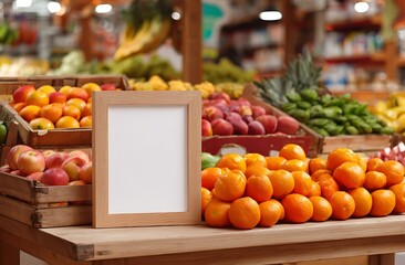 Wooden frame on a table with fresh fruit in a market