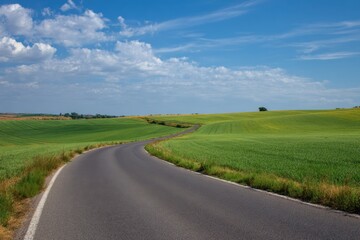 Fototapeta premium Endless winding road through lush green fields under a bright blue sky in a peaceful rural setting