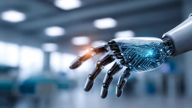 Futuristic robotic hand with advanced circuitry and glowing elements extends in a modern laboratory environment. Artificial intelligence and robotics innovation are showcased in this high tech scene