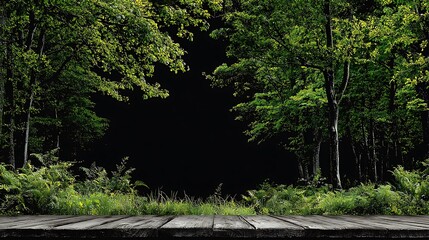 Wooden plank foreground with lush forest and dark background