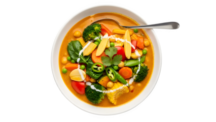 Delicious vegetable soup in a white bowl isolated on transparent background