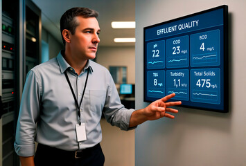Manager analyzing effluent quality data on wall-mounted digital dashboard screen.