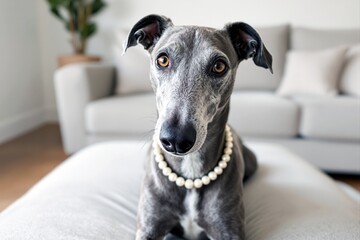 Grey greyhound dog wearing a pearl necklace resting on a sofa indoors.