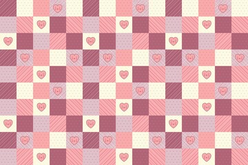 Vibrant pink and red heart pattern with smiling hearts on squares
