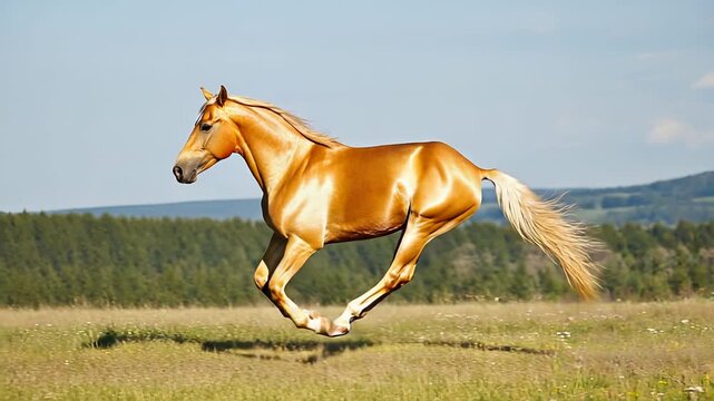 Majestic Chestnut Horse Galloping Across Lush Green Meadow - Dynamic Equine Movement and Rural Landscape