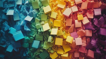 Small square tiles arranged on a bed of shredded paper, creating a vibrant gradient effect, showcasing an innovative and artistic approach to texture and color