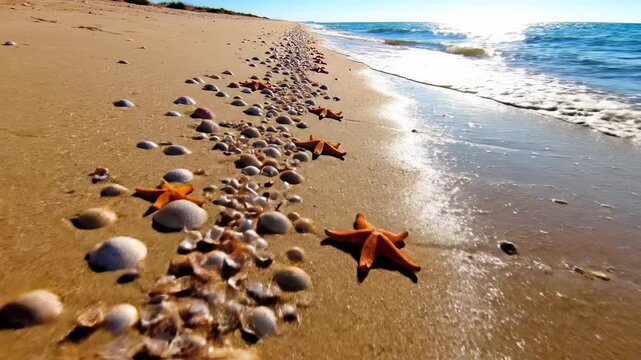 A low aerial drone shot slowly gliding sideways over a wide sandy beach featuring dispersed patterns of seashells and starfish near the receding foamy waterline environment, tropical, natural