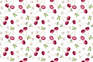Vibrant cherry pattern with blooming flowers on white background
