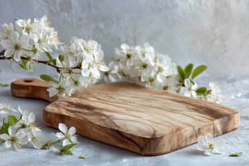 Fototapeta premium Rustic wooden cutting board surrounded by fresh white flowers on a light background, creating a serene kitchen atmosphere for culinary tasks and food presentation
