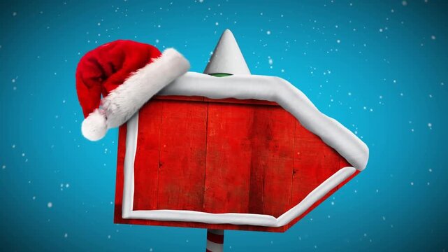 Animation of snow over christmas tree and wooden sign with santa cap and copy space