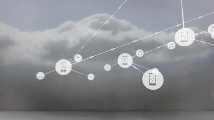 Animation of network of digital icons against clouds in the grey sky - Powered by Adobe
